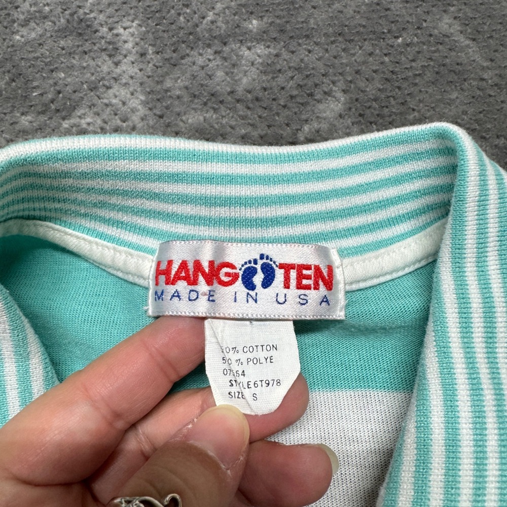 Vintage Hang Ten Striped Polo Shirt Teal White Made in USA Womens Small 6T978‎ - Picture 3 of 7